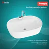 A white sink with a chrome faucet is displayed against a teal background with abstract wavy lines. Produktbild-Vorschau