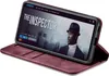 A smartphone in a burgundy flip case is displayed, showing a movie streaming interface on its screen. Produktbild-Vorschau