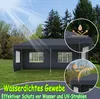 A dark gray party tent set up on a grassy lawn with trees in the background under a sunny sky. Insets highlight waterproof fabric and UV protection. Produktbild-Vorschau