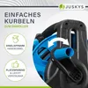 Close-up of a hose reel with text overlays highlighting features. Produktbild-Vorschau