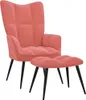 A pink velvet armchair with a matching ottoman on a white background. Voir les images du produit