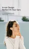 A young woman wearing white earbuds, looking to the side with her hand near her face. Produktbild-Vorschau