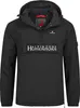 A black hooded jacket with a front pouch pocket and branding.