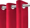Close-up of red curtains with grommets on a silver rod. Produktbild-Vorschau