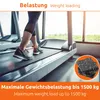 A person walking on a treadmill in a gym, with text overlays about weight loading and a close-up of rubber pads. Produktbild-Vorschau
