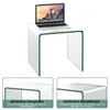A glass side table with a laptop on top, shown from different angles and with feature callouts. Produktbild-Vorschau