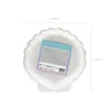 A single, iridescent, shell-shaped paper plate is shown on a white background. Dimensions are indicated by lines and text. Produktbild-Vorschau