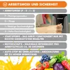 A graphic displaying operational modes and safety features of a KRUMAD stand mixer, with a close-up of a hand operating the mixer's dial and a background of fresh produce and juice. Produktbild-Vorschau