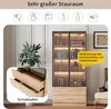 A tall glass display cabinet with LED lighting and two drawers, shown in a room setting with a plant and chair. Voir les images du produit