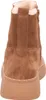 The back view of a brown suede boot with a white fuzzy lining and a thick beige sole. Voir les images du produit
