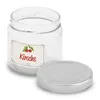 A clear glass jar with a label featuring cherries and the word "Kirsche" (German for cherry), with its silver lid placed next to it on a white background. Produktbild-Vorschau