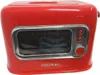 A red toaster with a glass window is shown against a white background. Voir les images du produit