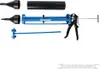 A set of tools for applying sealant or mortar, including a caulking gun, a tube, and two funnels. Produktbild-Vorschau