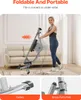 A woman is demonstrating how to fold a fitness machine in a living room setting. Produktbild-Vorschau