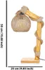 A table lamp with a wooden base and a rope-covered lampshade, shown against a white background with dimensions indicated. Produktbild-Vorschau