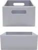 Two views of a gray wooden storage box with handles, presented against a white background. Produktbild-Vorschau
