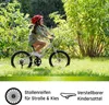 A young girl riding a bicycle in a park or wooded area, with marketing text and icons at the bottom. Produktbild-Vorschau