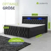 A diagram showing a black box spring bed with dimensions and features like LEDs. Produktbild-Vorschau