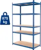 A blue metal shelving unit with five wooden shelves, shown against a white background. A blue weight icon with '875 kg' text is to the left of the shelving unit. Náhled obrázku produktu