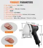 Product parameters and dimensions of an electric slicer, with images of sliced food. Náhled obrázku produktu