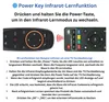 An illustration showing how to use an air mouse remote control with an IR learning function, alongside a diagram of the remote and a second remote control. Produktbild-Vorschau