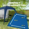 A blue tent or gazebo set up outdoors on grass, with a separate blue fabric piece in the foreground showing dimensions. Produktbild-Vorschau