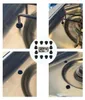 A collage of images showing black rubber feet for a mobile home stove, with a central inset showing a collection of the feet and a stove burner. Produktbild-Vorschau