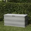 A grey plastic storage box sits on a green lawn in front of a dense green hedge. Produktbild-Vorschau