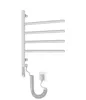 A white electric towel warmer with four folding arms, a digital display, and a coiled power cord plugged into a wall socket. Podgląd zdjęcia produktu