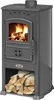 A dark gray wood-burning stove with a fire burning inside and a stack of firewood below. Náhľad obrázku produktu