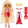 A doll with blonde hair wearing a pink and red outfit, with accessories laid out next to her. Voir les images du produit