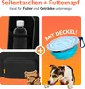 A collage of images showing a dog, a dog bowl, a water bottle in a bag pocket, and dog treats. Produktbild-Vorschau