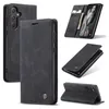 A collage of images showing a black leather phone case from different angles, including one with a phone inside and another showing the stand function. Produktbild-Vorschau