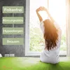 A woman is stretching in bed by a window with sunlight streaming in. Text boxes list product features. Produktbild-Vorschau