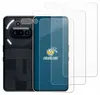 A smartphone back and screen protectors are shown against a white background. Produktbild-Vorschau