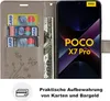 A flip cover wallet case for a Poco X7 Pro 5G phone, showing credit cards and US dollar bills inside the case, and the phone screen displaying the Poco logo and model name. Produktbild-Vorschau