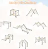 A collage of different configurations of a wooden climbing toy set for children, set against a light pink and white background with cloud graphics. Podgląd zdjęcia produktu