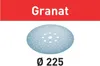 A round sanding disc with many small holes is shown against a white background. Above the disc is a red bar with white text. Náhled obrázku produktu