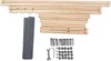 A collection of unassembled parts for a lounge chair, including wooden slats, fabric pieces, and hardware, laid out on a white background. Produktbild-Vorschau