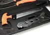 A close-up view of a hunting knife and saw set in a black case. Náhled obrázku produktu