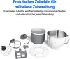 Various accessories for a kitchen machine are laid out on a white background, with German text above describing their practical use. Produktbild-Vorschau