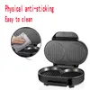 A hamburger maker with its lid open, showing the grilling plates. A circular inset shows a hand cleaning the grill with a cloth. Podgląd zdjęcia produktu