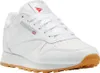 A white Reebok Classic leather sneaker with a gum sole, shown from a side angle. Produktbild-Vorschau