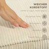A hand is shown touching a textured fabric, with text overlays describing its features. Voir les images du produit