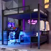 A loft bed with a desk and closet area, set up in a modern room with neon lighting. Produktbild-Vorschau