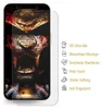 A phone screen protector with a graphic design is shown next to a list of its features. Produktbild-Vorschau