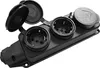 A black multi-socket power strip with three outlets, each with a protective cover. The covers are open on two of the outlets, revealing the socket interiors. The product is shown against a plain white background. Produktbild-Vorschau