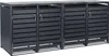 A dark gray, four-unit trash bin enclosure with slatted doors and silver handles, shown from the front against a white background. Produktbild-Vorschau