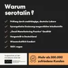 A dark background with white text listing product features and benefits, and two colored boxes at the bottom with logos and text. Produktbild-Vorschau