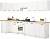 A white modern kitchen setup with cabinets, a stove, sink, and countertop. Produktbild-Vorschau